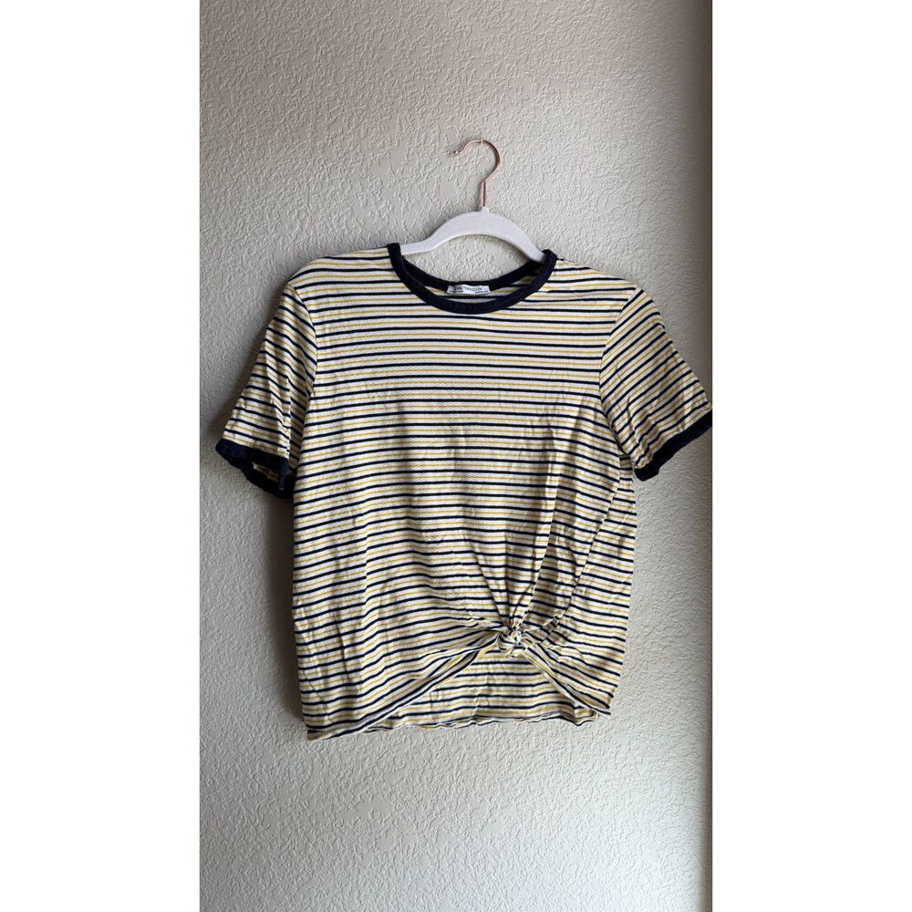 Zara Trafaluc Striped Faux Tie Front Ringer T Shirt Small
